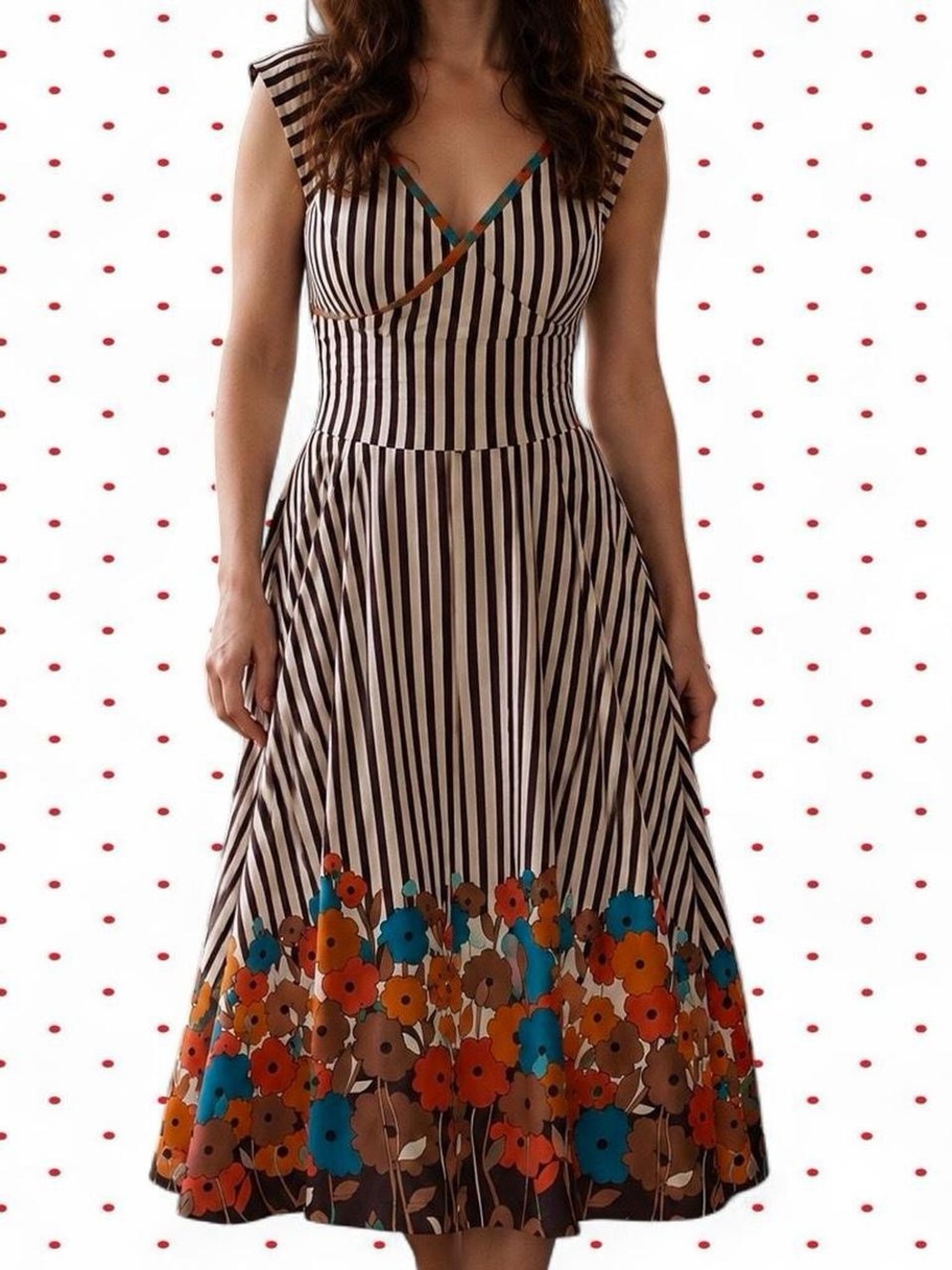 Sleeveless Striped Midi Dress with Floral Hem in Brown and Teal